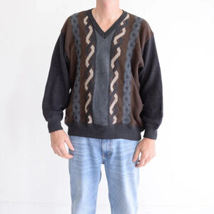 Giuliano Tricot Merino Wool Blend Brown Gray V-Neck 3D Pattern Fine Knit Sweater